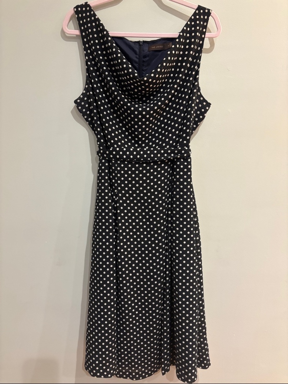 The Limited Retro Polka Dot Cowl Neck Midi Dress w/ Waist Tie Sz 12 Navy White